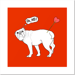 Oh, no! Touched by Cupid's arrow - funny english Bulldog With Heart Arrow - Humorous Valentine's Day lineart illustration Posters and Art